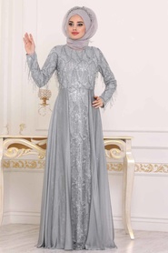 Gris - Tesettürlü Abiye Elbise - Robe de Soirée Hijab - 3899GR - Thumbnail