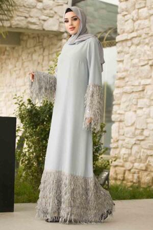 Gris - Tesettürlü Abiye Elbise - Robe de Soirée Hijab - 3903GR - 1