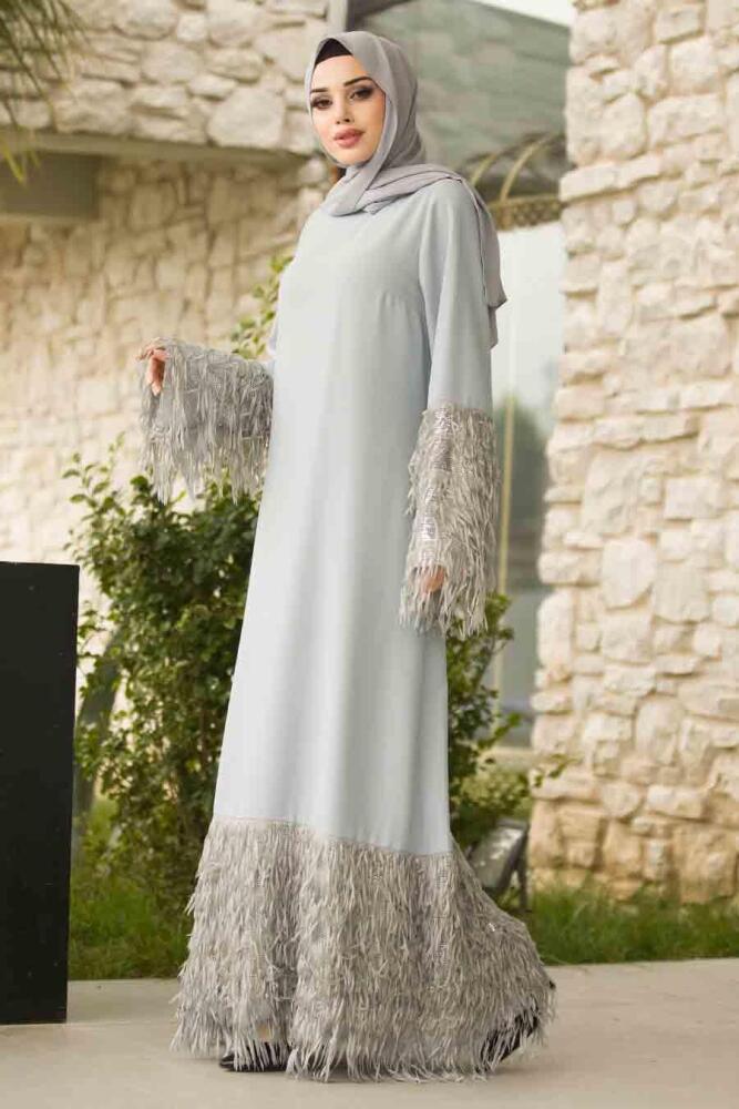 Gris - Tesettürlü Abiye Elbise - Robe de Soirée Hijab - 3903GR - 1