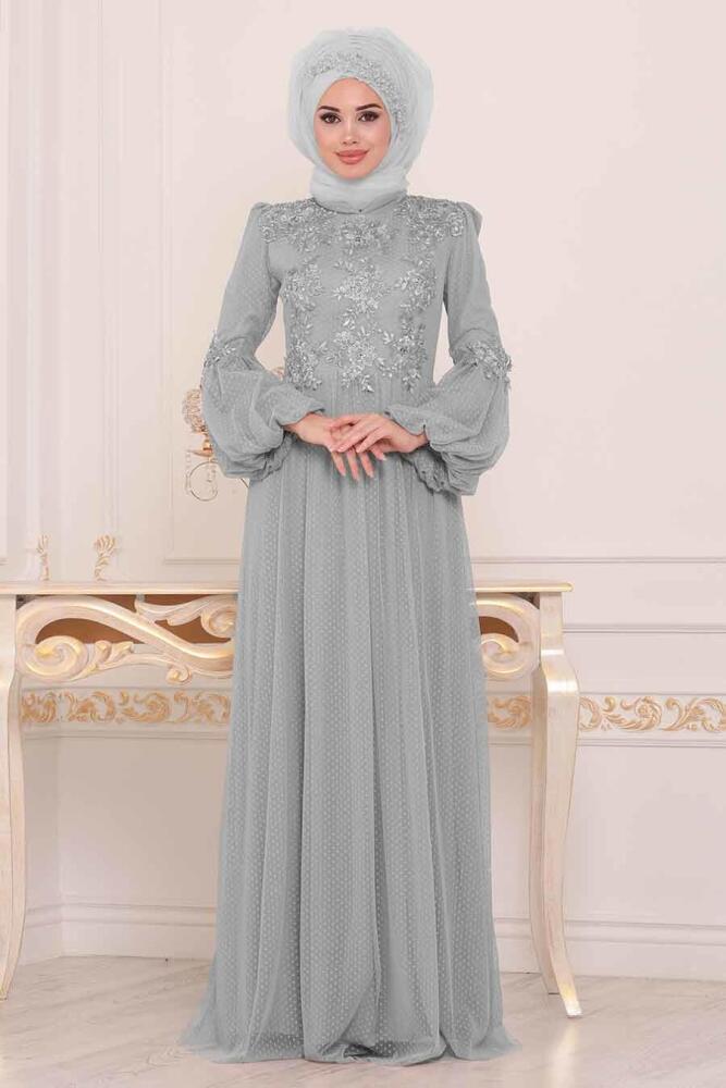 Gris - Tesettürlü Abiye Elbise - Robe de Soirée Hijab - 3908GR - 1