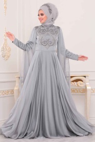 Gris - Tesettürlü Abiye Elbise - Robe de Soirée Hijab - 3911GR - Thumbnail
