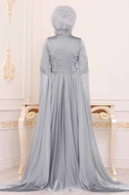 Gris - Tesettürlü Abiye Elbise - Robe de Soirée Hijab - 3911GR - Thumbnail