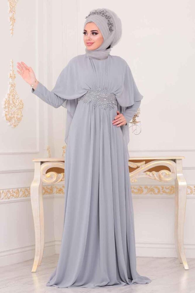 Gris - Tesettürlü Abiye Elbise - Robe de Soirée Hijab - 3918GR - 1