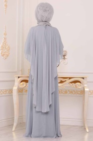 Gris - Tesettürlü Abiye Elbise - Robe de Soirée Hijab - 3918GR - Thumbnail