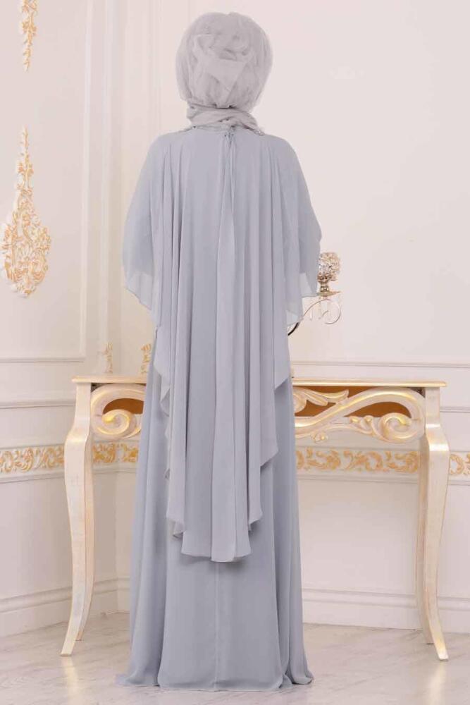 Gris - Tesettürlü Abiye Elbise - Robe de Soirée Hijab - 3918GR - 2