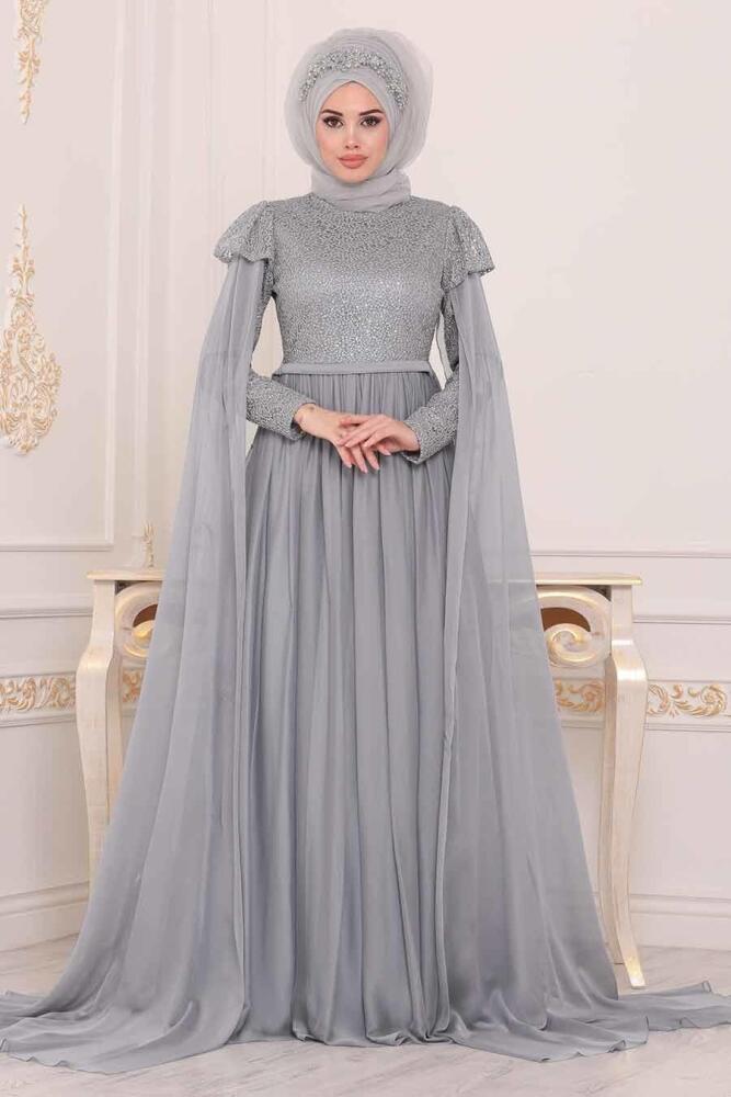 Gris - Tesettürlü Abiye Elbise - Robe de Soirée Hijab - 3920GR - 1