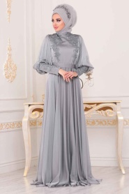 Gris - Tesettürlü Abiye Elbise - Robe de Soirée Hijab - 39270GR - Thumbnail