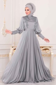 Gris - Tesettürlü Abiye Elbise - Robe de Soirée Hijab - 39270GR - Thumbnail