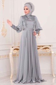 Gris - Tesettürlü Abiye Elbise - Robe de Soirée Hijab - 3927GR - Thumbnail