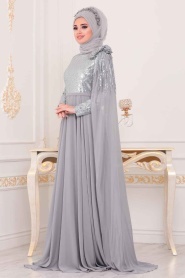 Gris - Tesettürlü Abiye Elbise - Robe de Soirée Hijab - 3928GR - Thumbnail