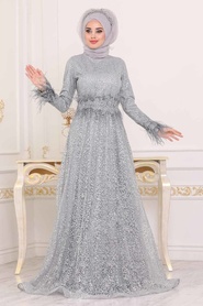 Gris - Tesettürlü Abiye Elbise - Robe de Soirée Hijab - 3935GR - Thumbnail