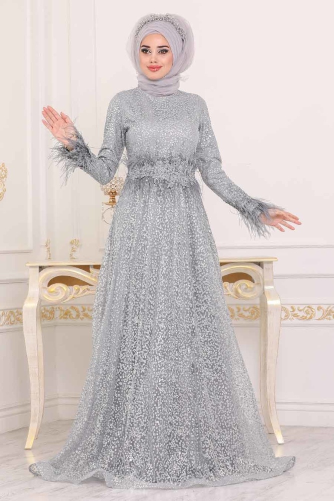 Gris - Tesettürlü Abiye Elbise - Robe de Soirée Hijab - 3935GR - 1
