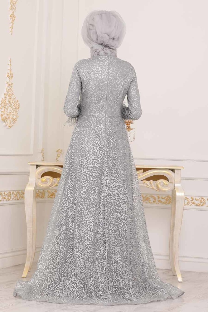 Gris - Tesettürlü Abiye Elbise - Robe de Soirée Hijab - 3935GR - 2