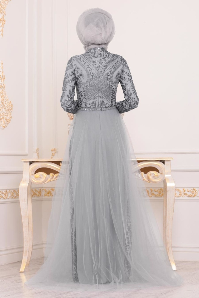 Gris - Tesettürlü Abiye Elbise - Robe de Soirée Hijab - 39370GR - 2