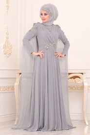 Gris - Tesettürlü Abiye Elbise - Robe de Soirée Hijab - 3937GR - Thumbnail