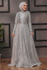 Gris - Tesettürlü Abiye Elbise - Robe de Soirée Hijab - 39430GR - Thumbnail