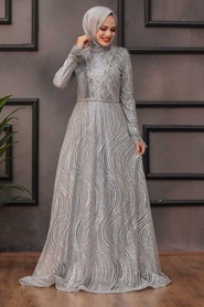 Gris - Tesettürlü Abiye Elbise - Robe de Soirée Hijab - 39430GR - Thumbnail