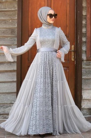 Gris- Tesettürlü Abiye Elbise - Robe de Soirée Hijab - 3944S - Thumbnail