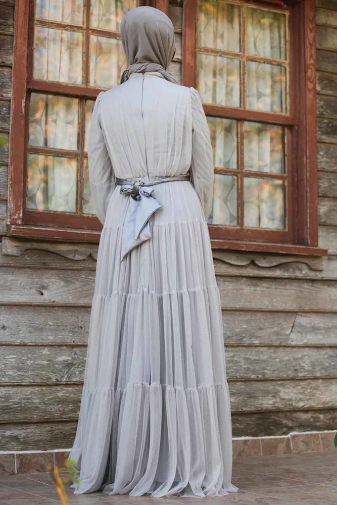 Gris- Tesettürlü Abiye Elbise - Robe de Soirée Hijab - 3944S - 3