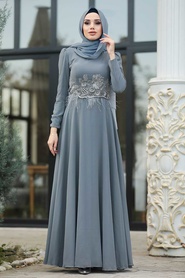 Gris - Tesettürlü Abiye Elbise - Robe de Soirée Hijab - 3945GR - Thumbnail