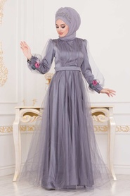 Gris - Tesettürlü Abiye Elbise - Robe de Soirée Hijab - 3946GR - Thumbnail