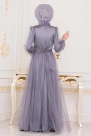 Gris - Tesettürlü Abiye Elbise - Robe de Soirée Hijab - 3946GR - Thumbnail