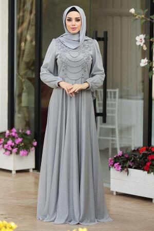 Gris - Tesettürlü Abiye Elbise - Robe de Soirée Hijab - 39490GR - 1