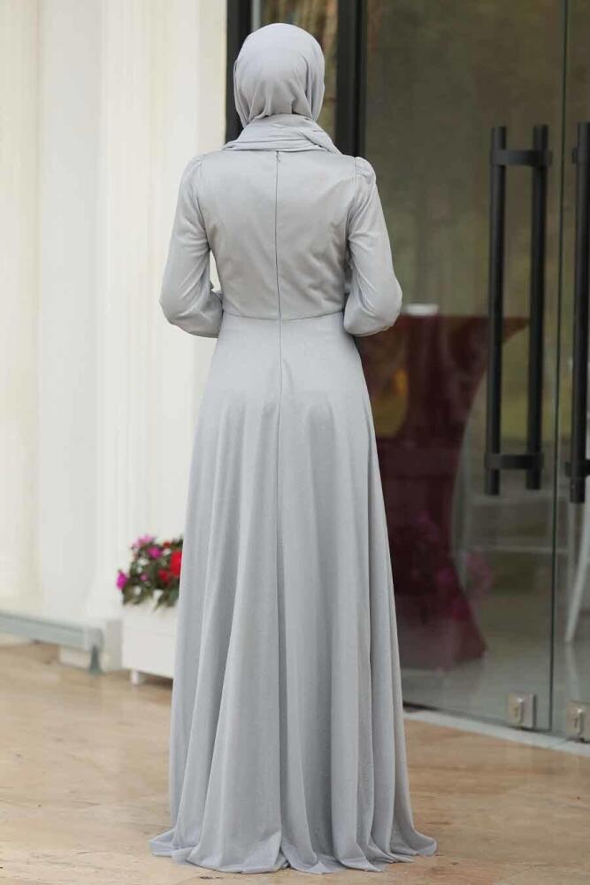 Gris - Tesettürlü Abiye Elbise - Robe de Soirée Hijab - 39490GR - 2