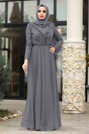 Gris - Tesettürlü Abiye Elbise - Robe de Soirée Hijab - 3959GR - 1