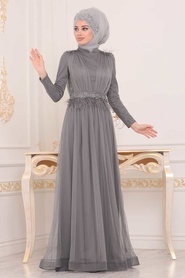 Gris - Tesettürlü Abiye Elbise - Robe de Soirée Hijab - 3965GR - Thumbnail