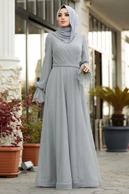 Gris - Tesettürlü Abiye Elbise - Robe de Soirée Hijab - 3966GR - Thumbnail