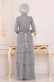 Gris - Tesettürlü Abiye Elbise - Robe de Soirée Hijab - 39680GR - Thumbnail