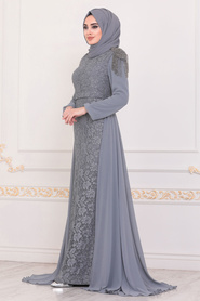 Gris - Tesettürlü Abiye Elbise - Robe de Soirée Hijab - 40280GR - Thumbnail
