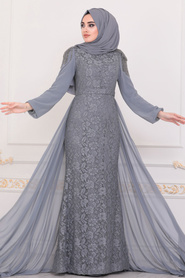 Gris - Tesettürlü Abiye Elbise - Robe de Soirée Hijab - 40280GR - Thumbnail