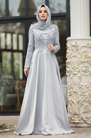 Gris - Tesettürlü Abiye Elbise - Robe de Soirée Hijab - 45740GR - Thumbnail