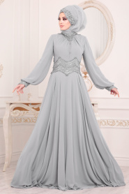 Gris-Tesettürlü Abiye Elbise -Robe de Soirée Hijab 4678GR - Thumbnail