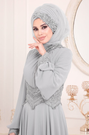 Gris-Tesettürlü Abiye Elbise -Robe de Soirée Hijab 4678GR - Thumbnail