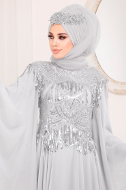 Gris-Tesettürlü Abiye Elbise -Robe de Soirée Hijab 46790GR - Thumbnail