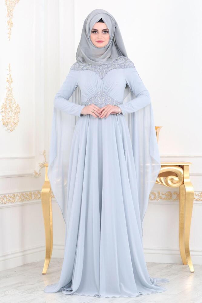 Gris - Tesettürlü Abiye Elbise - Robe de Soirée Hijab 4692GR - 1