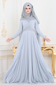 Gris - Tesettürlü Abiye Elbise - Robe de Soirée Hijab 4692GR - Thumbnail