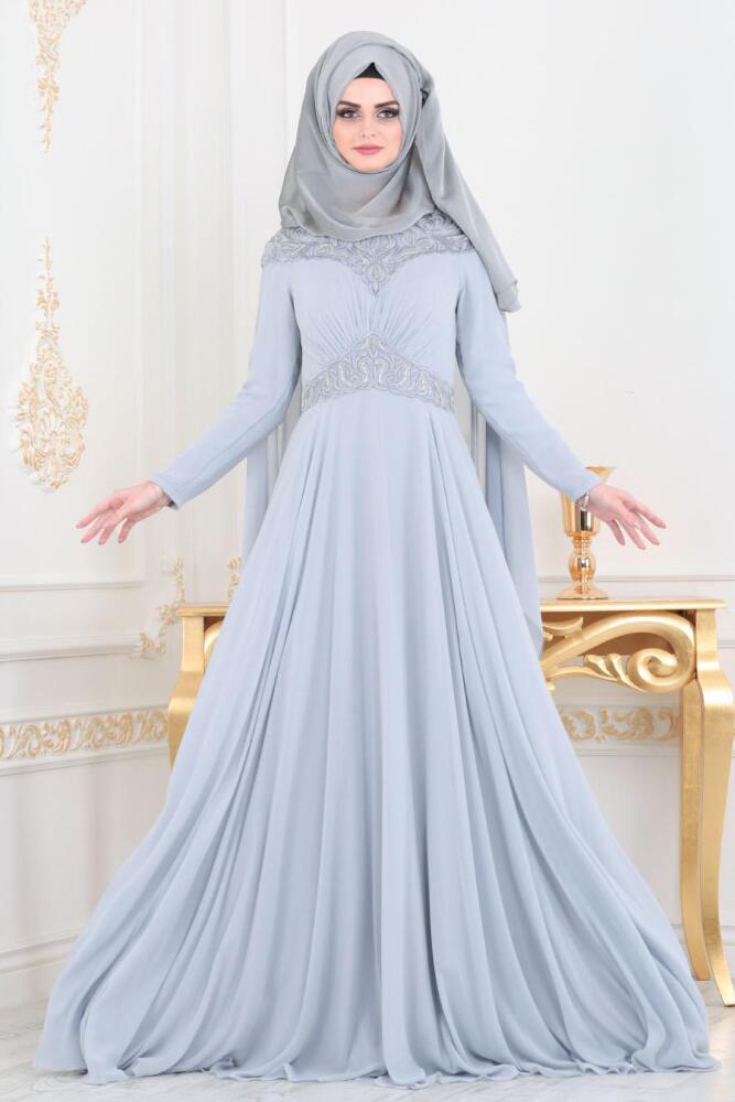 Gris - Tesettürlü Abiye Elbise - Robe de Soirée Hijab 4692GR - 2