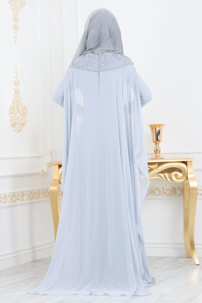 Gris - Tesettürlü Abiye Elbise - Robe de Soirée Hijab 4692GR - 3