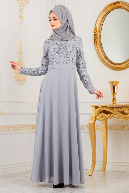 Gris - Tesettürlü Abiye Elbise - Robe de Soirée Hijab 82221GR