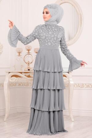 Gris-Tesettürlü Abiye Elbise -Robe de Soirée Hijab 8439GR			 - 1