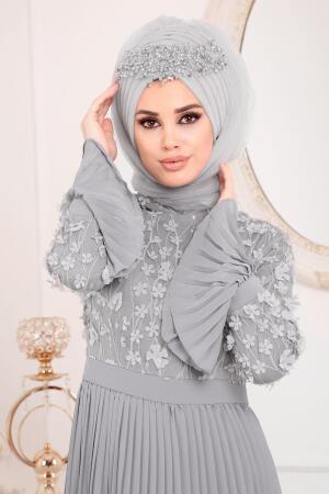 Gris-Tesettürlü Abiye Elbise -Robe de Soirée Hijab 8439GR			 - 2