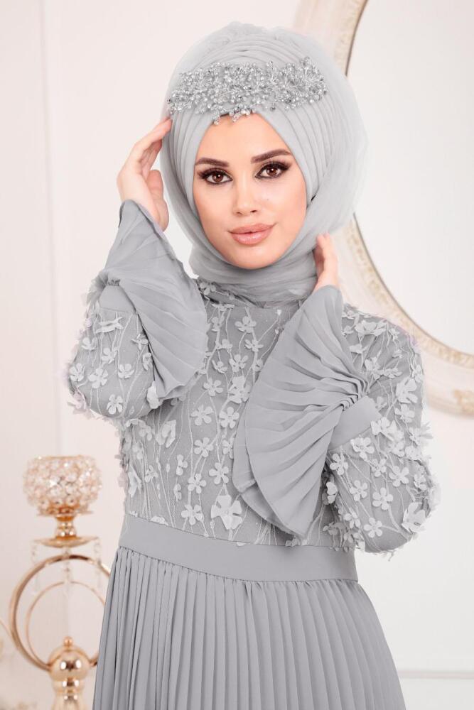 Gris-Tesettürlü Abiye Elbise -Robe de Soirée Hijab 8439GR			 - 2