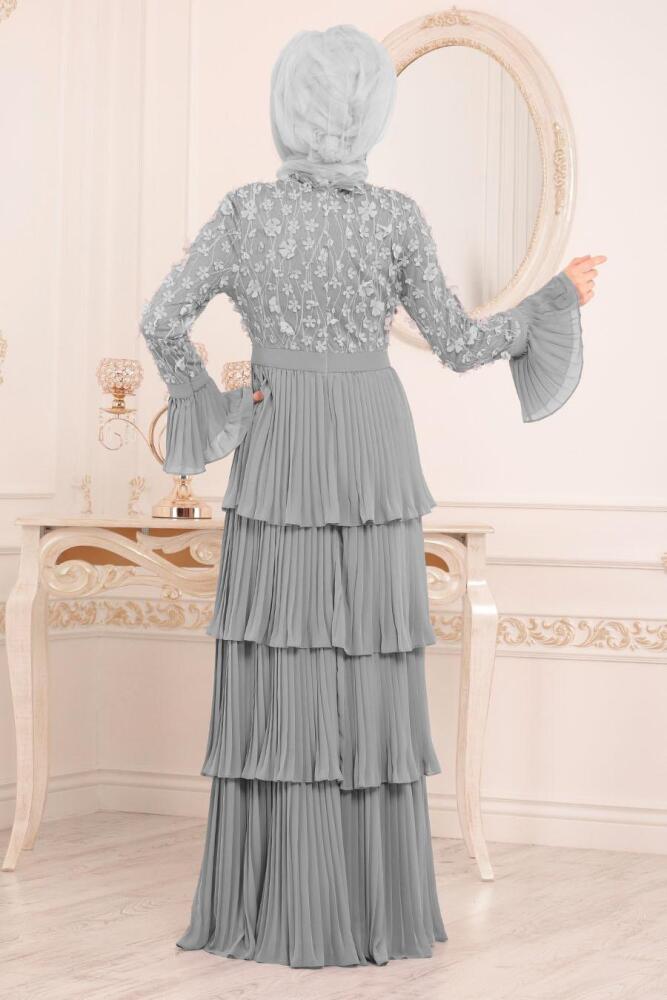 Gris-Tesettürlü Abiye Elbise -Robe de Soirée Hijab 8439GR			 - 3