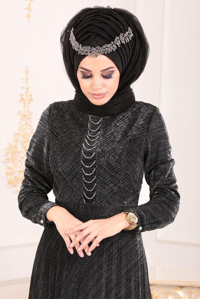Gris-Tesettürlü Abiye Elbise - Robe de Soirée Hijab 84720GR - 3