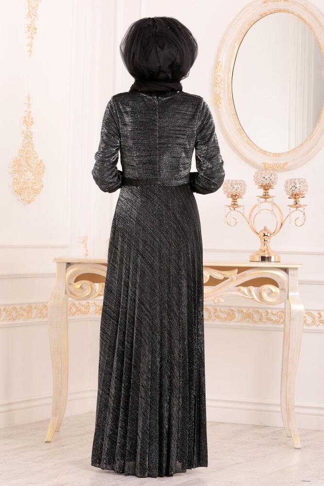 Gris-Tesettürlü Abiye Elbise - Robe de Soirée Hijab 84720GR - 4