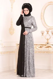 Gris-Tesettürlü Abiye Elbise - Robe de Soirée Hijab 85590GR - Thumbnail